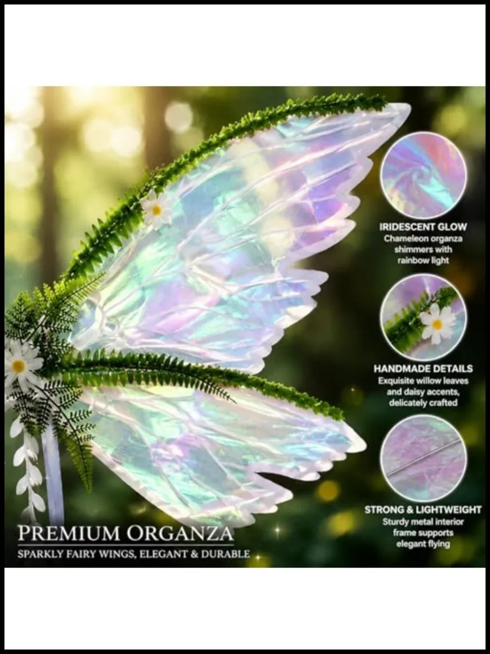 4PC Fairy Costume Set - Wings Elf Ears Flower Crown Wand Sparkly Organza